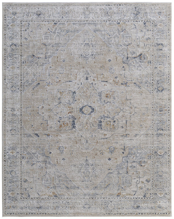 Feizy Rugs Pasha Global Charm Area Rug - Vibrant Medallion Design, Soft Low Pile, Stain-resistant & Kid-friendly Ivory,Taupe,Blue Polyester Pas39m5fbgebluf05
