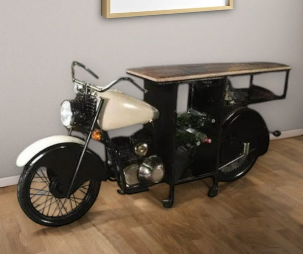 HomeRoots Black Rolling Bar Cart with Rustic Wood Top, Wine Storage & Industrial Motorcycle Accents - Stylish! 489628
