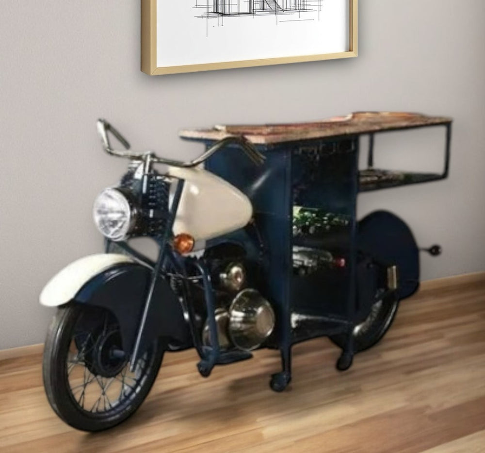 HomeRoots Blue Industrial Rolling Bar Cart with Solid Wood Top, Wine Storage & Smooth Mobility for Entertaining 489629