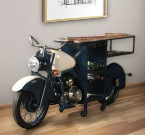 HomeRoots Blue Industrial Rolling Bar Cart with Solid Wood Top, Wine Storage & Smooth Mobility for Entertaining 489629