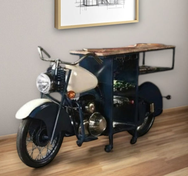 HomeRoots Blue Industrial Rolling Bar Cart with Solid Wood Top, Wine Storage & Smooth Mobility for Entertaining 489629