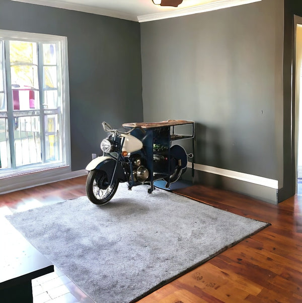 Homeroots Blue And White Metal And Solid Wood Rolling Bar Cart With Wine Storage   489629