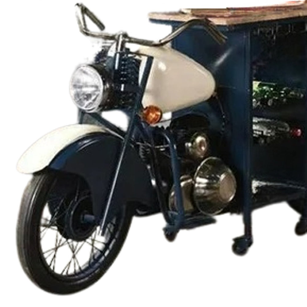 HomeRoots Blue Industrial Rolling Bar Cart with Solid Wood Top, Wine Storage & Smooth Mobility for Entertaining 489629
