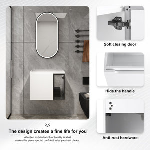 English Elm 24" Floating Bathroom Vanity Glossy White Plywood Cabinet with Grey Glass Doors W999P387157