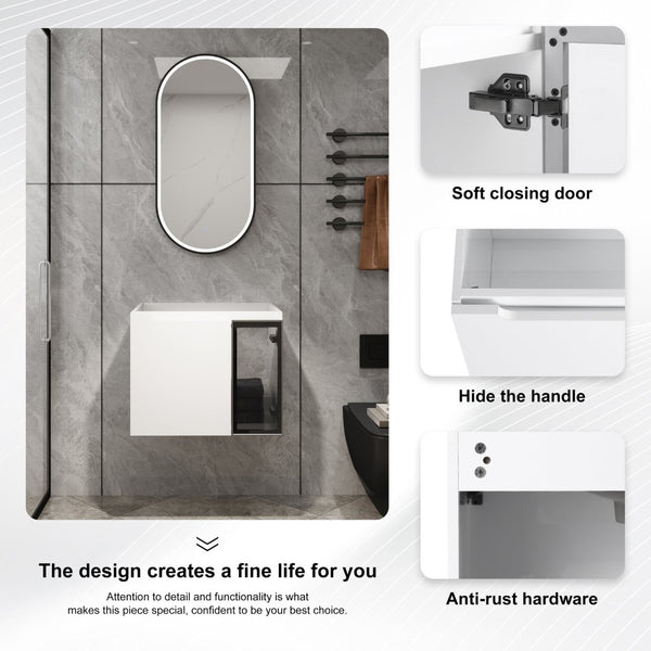 English Elm 24" Floating Bathroom Vanity Glossy White Plywood Cabinet with Grey Glass Doors W999P387157