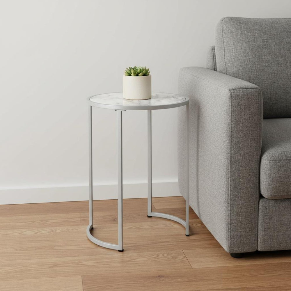 HomeRoots 24" Modern Silver and White Round End Table - Stylish, Versatile Accent for Living Room or Bedroom Decor 489666
