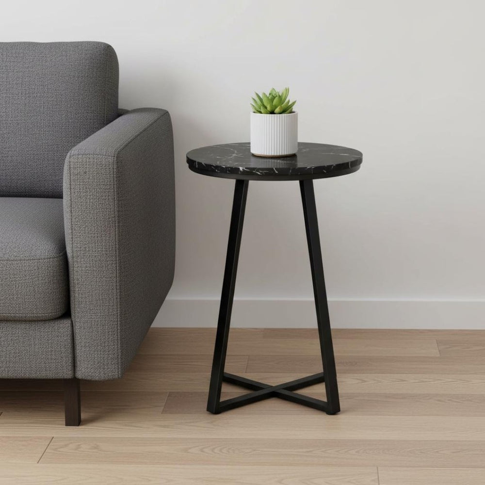 HomeRoots 22" Black Round End Table - Modern Faux-Marble Top & Sturdy X-Base for Stylish Living Room Accent 489668