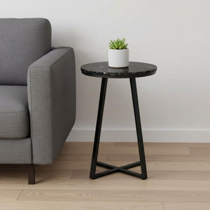 HomeRoots 22" Black Round End Table - Modern Faux-Marble Top & Sturdy X-Base for Stylish Living Room Accent 489668