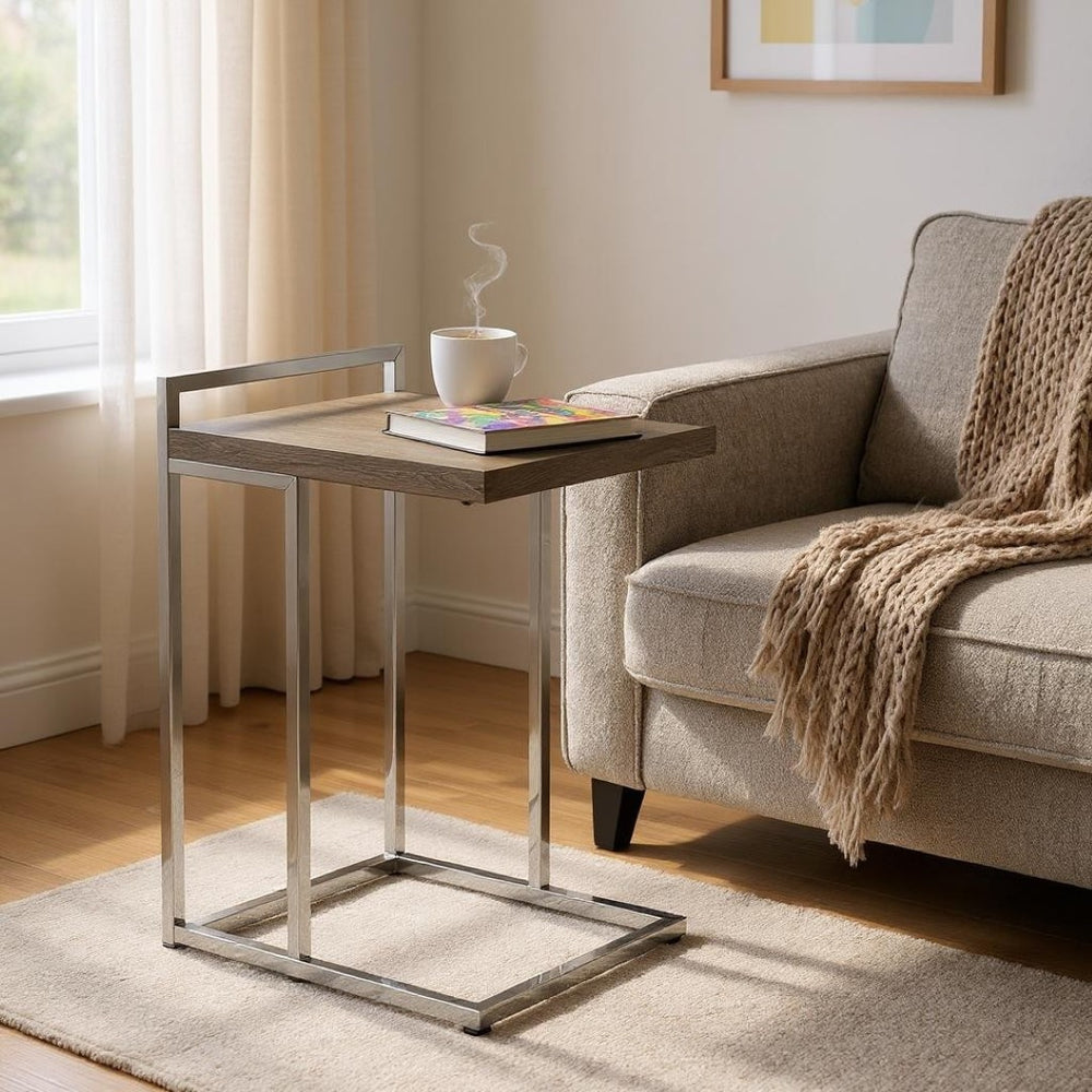 HomeRoots 27" Stylish Taupe and Silver Wood Metal End Table - Modern C-Style Design, No Assembly Needed! 489695