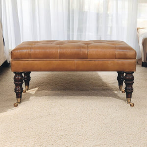 English Elm Solid Buffalo Hide Tufted Ottoman Mango Wood Frame with Walnut Castor Legs B182P279243