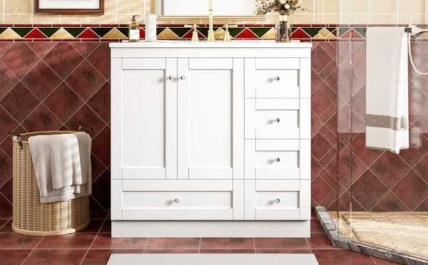 English Elm 36 36" Modern Shaker Bathroom Vanity with Ceramic Sink, Soft-Close Drawers & Doors, Durable Handles White N729P288872K