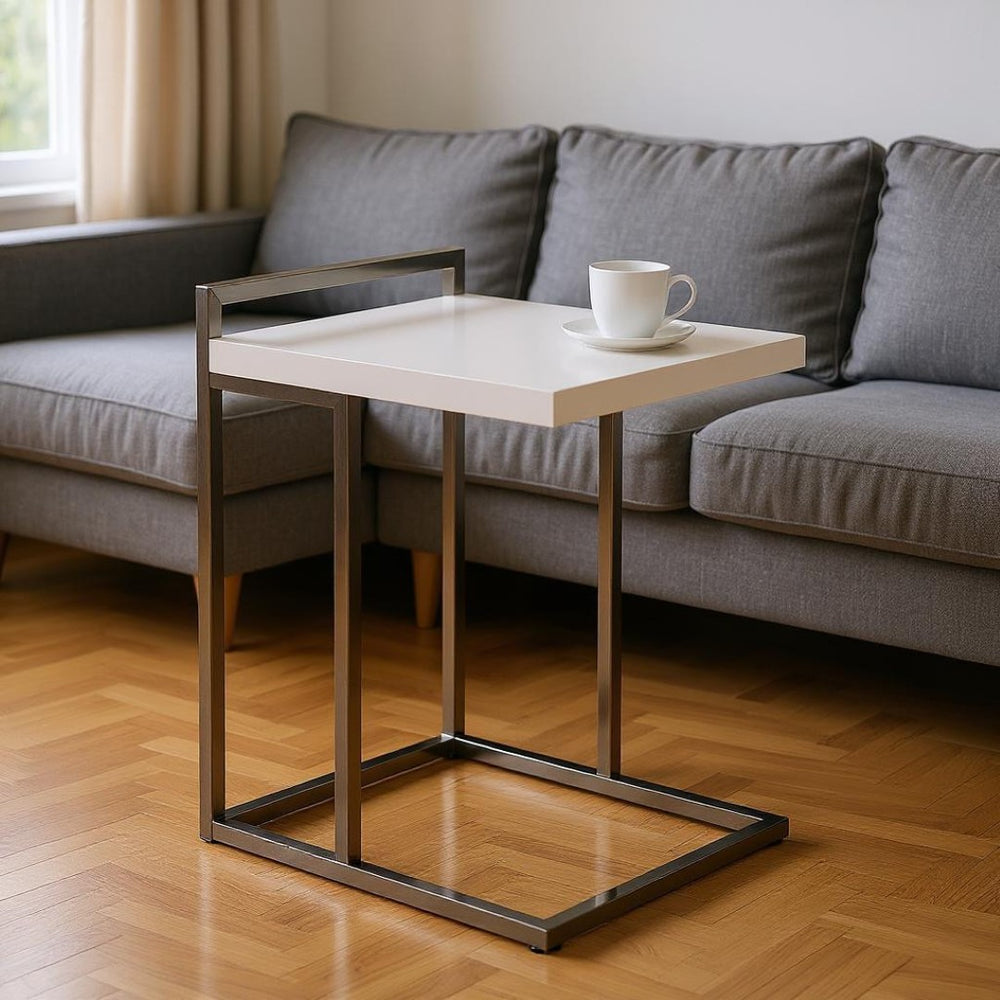 HomeRoots 27" Stylish White and Silver End Table – Compact C-Frame Design for Living Rooms and Bedrooms 489702