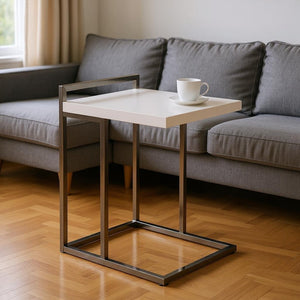 HomeRoots 27" Stylish White and Silver End Table – Compact C-Frame Design for Living Rooms and Bedrooms 489702