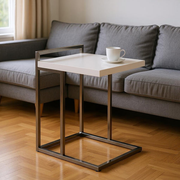 HomeRoots 27" Stylish White and Silver End Table – Compact C-Frame Design for Living Rooms and Bedrooms 489702