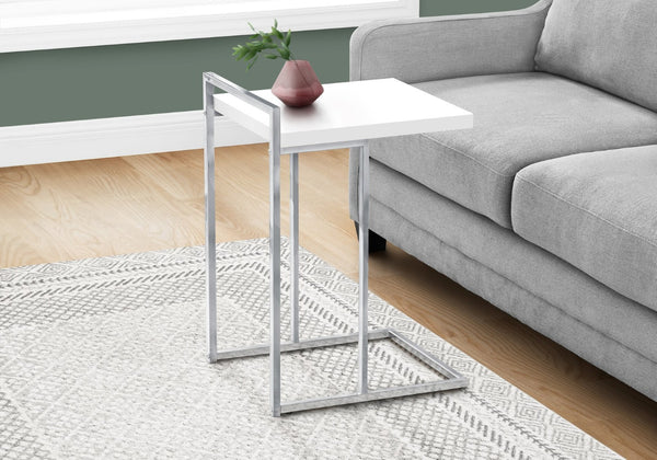 HomeRoots 27" Stylish White and Silver End Table – Compact C-Frame Design for Living Rooms and Bedrooms 489702