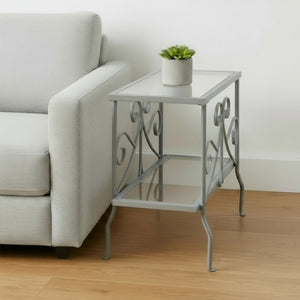 HomeRoots 22" Elegant Silver and Clear Glass End Table with Scrollwork Design - Versatile Two-Tier Storage 489714