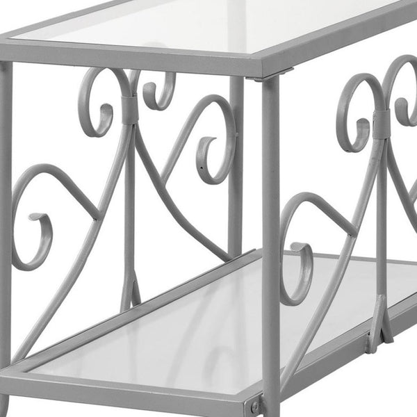 HomeRoots 22" Elegant Silver and Clear Glass End Table with Scrollwork Design - Versatile Two-Tier Storage 489714