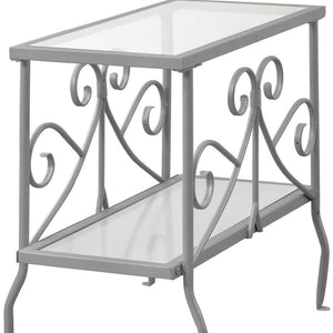 HomeRoots 22" Elegant Silver and Clear Glass End Table with Scrollwork Design - Versatile Two-Tier Storage 489714