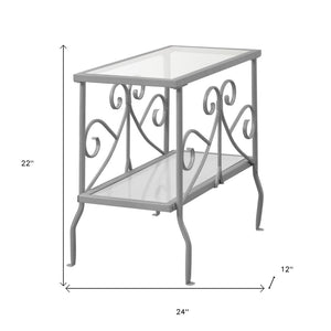 HomeRoots 22" Elegant Silver and Clear Glass End Table with Scrollwork Design - Versatile Two-Tier Storage 489714