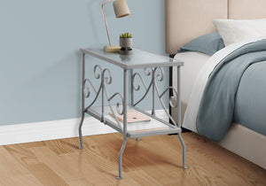 HomeRoots 22" Elegant Silver and Clear Glass End Table with Scrollwork Design - Versatile Two-Tier Storage 489714
