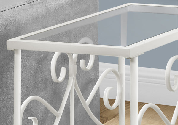 HomeRoots 22" Elegant White Metal and Clear Glass End Table with Stylish Scrollwork and Two-Tier Storage 489715