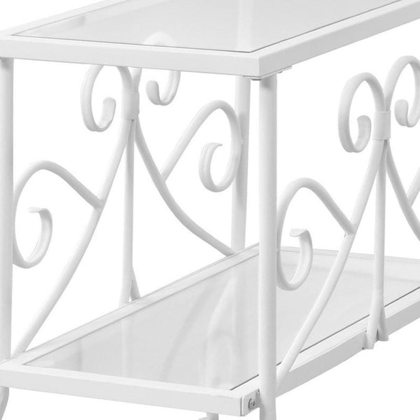 HomeRoots 22" Elegant White Metal and Clear Glass End Table with Stylish Scrollwork and Two-Tier Storage 489715