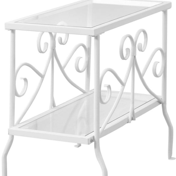 HomeRoots 22" Elegant White Metal and Clear Glass End Table with Stylish Scrollwork and Two-Tier Storage 489715