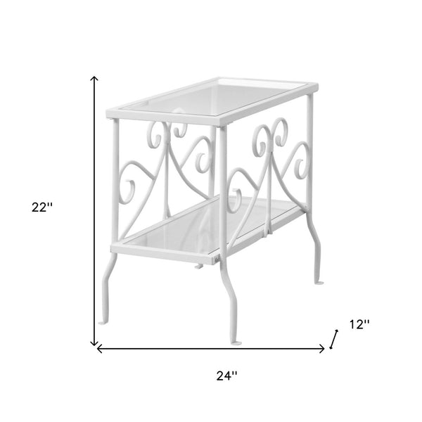 HomeRoots 22" Elegant White Metal and Clear Glass End Table with Stylish Scrollwork and Two-Tier Storage 489715