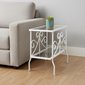 HomeRoots 22" Elegant White Metal and Clear Glass End Table with Stylish Scrollwork and Two-Tier Storage 489715