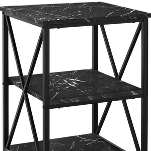 HomeRoots 26" Black Square End Table with Stylish Marble-Look Surface & Two Functional Shelves for Storage 489726