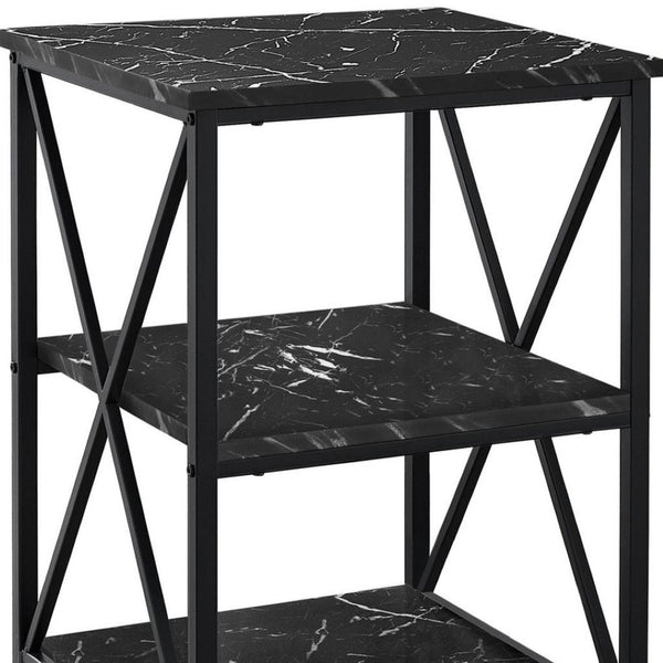 HomeRoots 26" Black Square End Table with Stylish Marble-Look Surface & Two Functional Shelves for Storage 489726