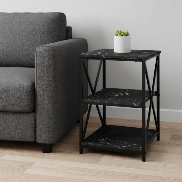 HomeRoots 26" Black Square End Table with Stylish Marble-Look Surface & Two Functional Shelves for Storage 489726