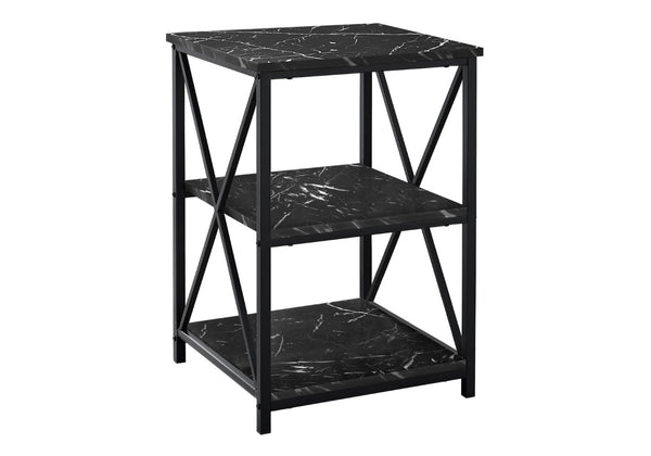 HomeRoots 26" Black Square End Table with Stylish Marble-Look Surface & Two Functional Shelves for Storage 489726