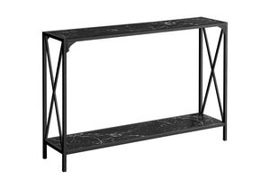 HomeRoots 48 Inch Faux Marble Top Console Table Black Metal Frame Wood Storage Shelf 489732