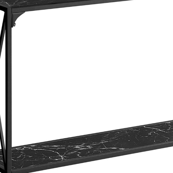 48 Inch Faux Marble Top Console Table Black Metal Frame Wood Storage Shelf