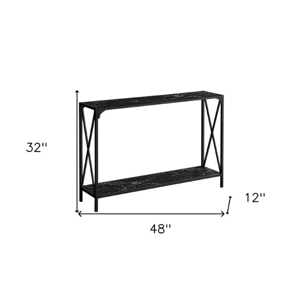 48 Inch Faux Marble Top Console Table Black Metal Frame Wood Storage Shelf
