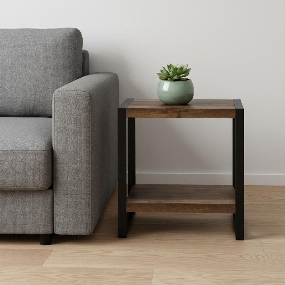 HomeRoots 24" Modern Black Metal and Brown Wood End Table with 2-Tier Shelf - Versatile Accent Table Design 489733