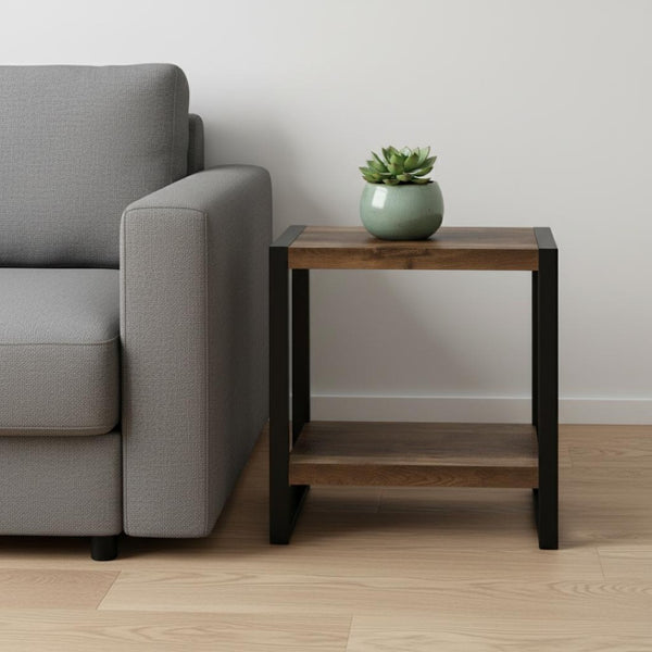 HomeRoots 24" Modern Black Metal and Brown Wood End Table with 2-Tier Shelf - Versatile Accent Table Design 489733