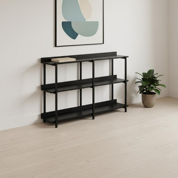 47 Inch Wood and Metal Console Table with Three Open Shelves for Entryway or Hallway