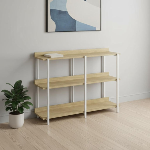 47 Inch Wood and Metal Console Table with Three Open Shelves for Entryway or Hallway
