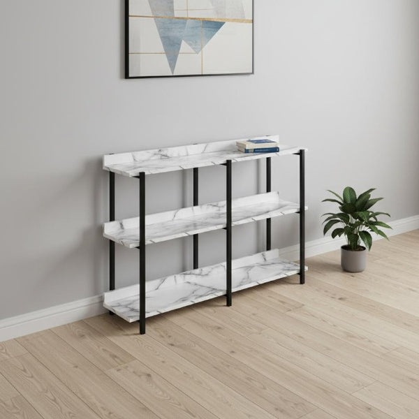 47 Inch Faux Marble Console Table with Three Open Shelves in White Black Metal Frame