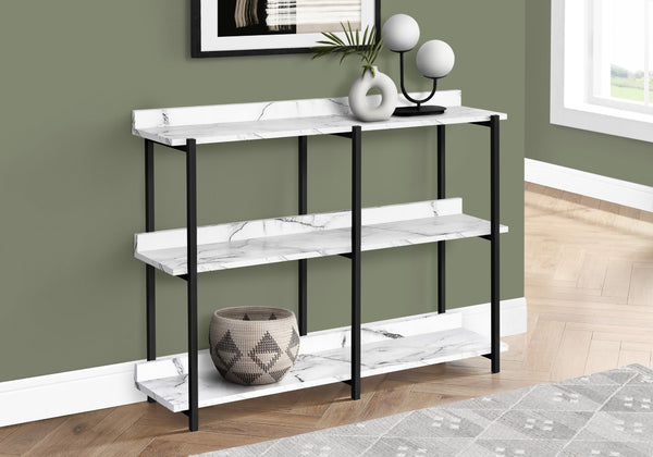 47 Inch Faux Marble Console Table with Three Open Shelves in White Black Metal Frame