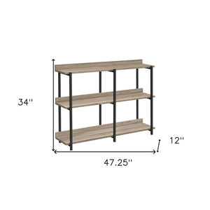 47 Inch Wood and Metal Console Table with Three Open Shelves for Entryway or Hallway