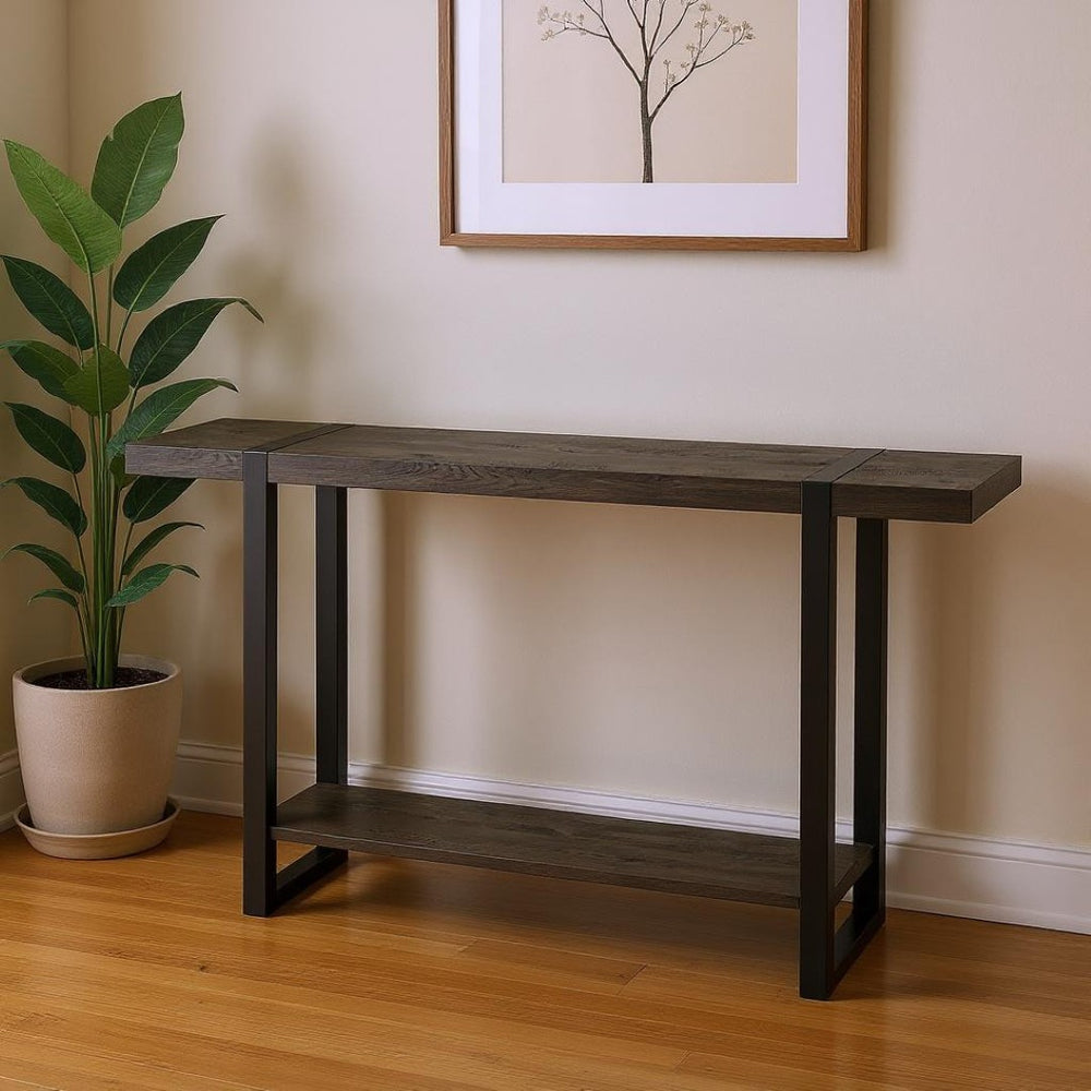 HomeRoots 47" Distressed Black Wood and Metal Sled Console Table - Two-Tier Storage for Modern Farmhouse Decor 489742