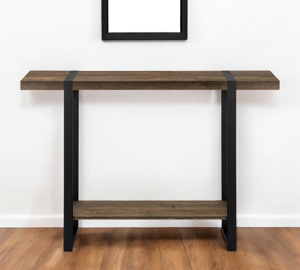 Homeroots 47" Stylish Brown And Black Distressed Wood And Metal Sled Console Table With Practical Shelf   489744
