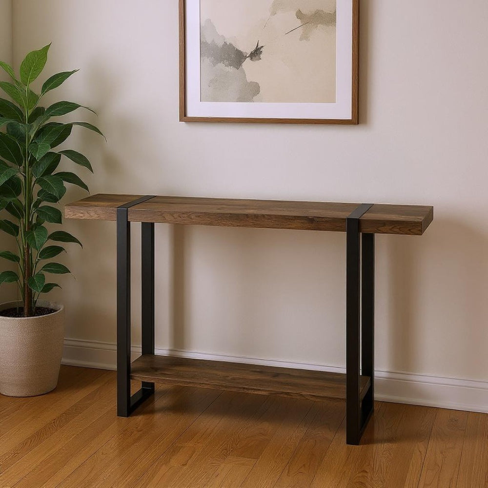 HomeRoots 47" Rustic Brown and Black Distressed Sled Console Table with Storage Shelf for Modern Spaces 489744