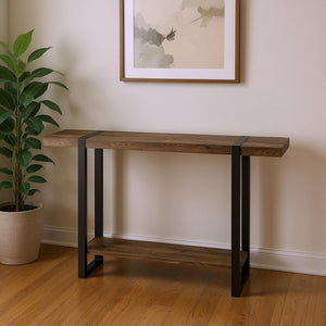 HomeRoots 47" Rustic Brown and Black Distressed Sled Console Table with Storage Shelf for Modern Spaces 489744