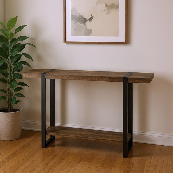 HomeRoots 47" Rustic Brown and Black Distressed Sled Console Table with Storage Shelf for Modern Spaces 489744