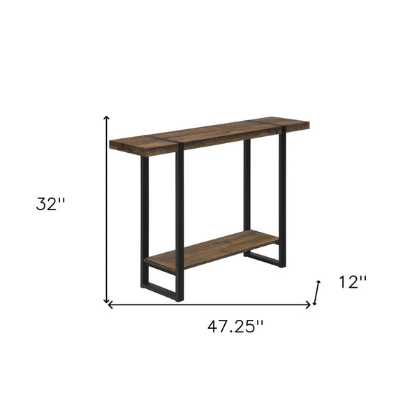 Homeroots 47" Stylish Brown And Black Distressed Wood And Metal Sled Console Table With Practical Shelf   489744