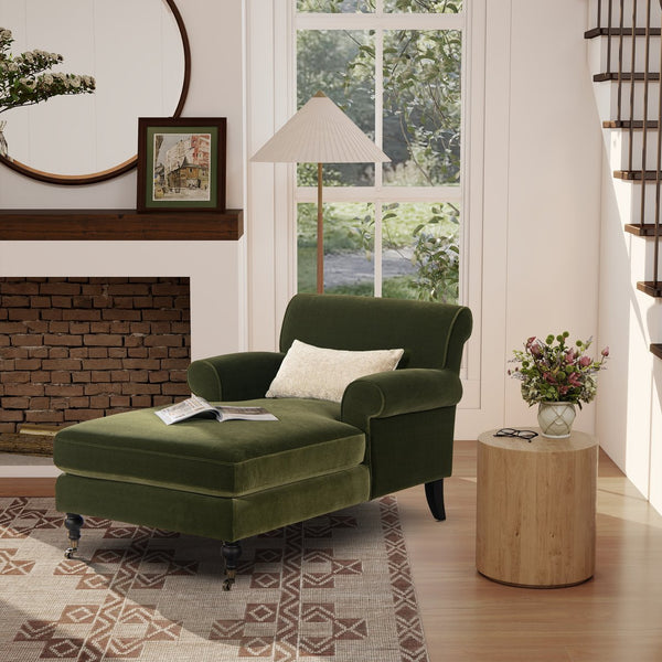 English Elm Jennifer Taylor Home - Alana Velvet Chaise Lounge Chair Olive Green — Bench-Made Hardwood Frame, Medium-Firm Foam Comfort B2719P265596